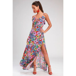 Red Floral Print Sleeveless Maxi Dress - Size M